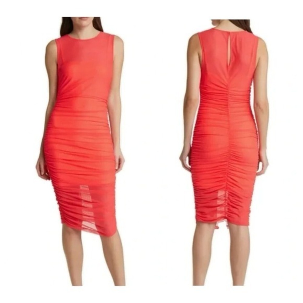 Black Halo Elvia Dress Size Large Vivid Melon Pink Ruched Mesh Cocktail Wedding